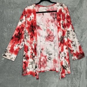 Easywear Chicos 3 Size XL Cardigan Top Red Floral Flower 3/4 Sleeve Open Stretch